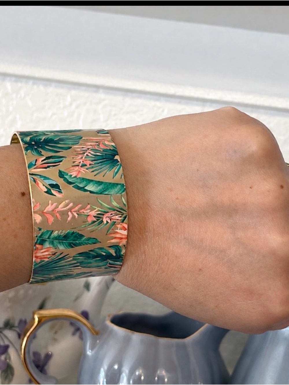 Stunning And Elegant Tropical Leaf Wide Cuff Bracelet in Green and Pink